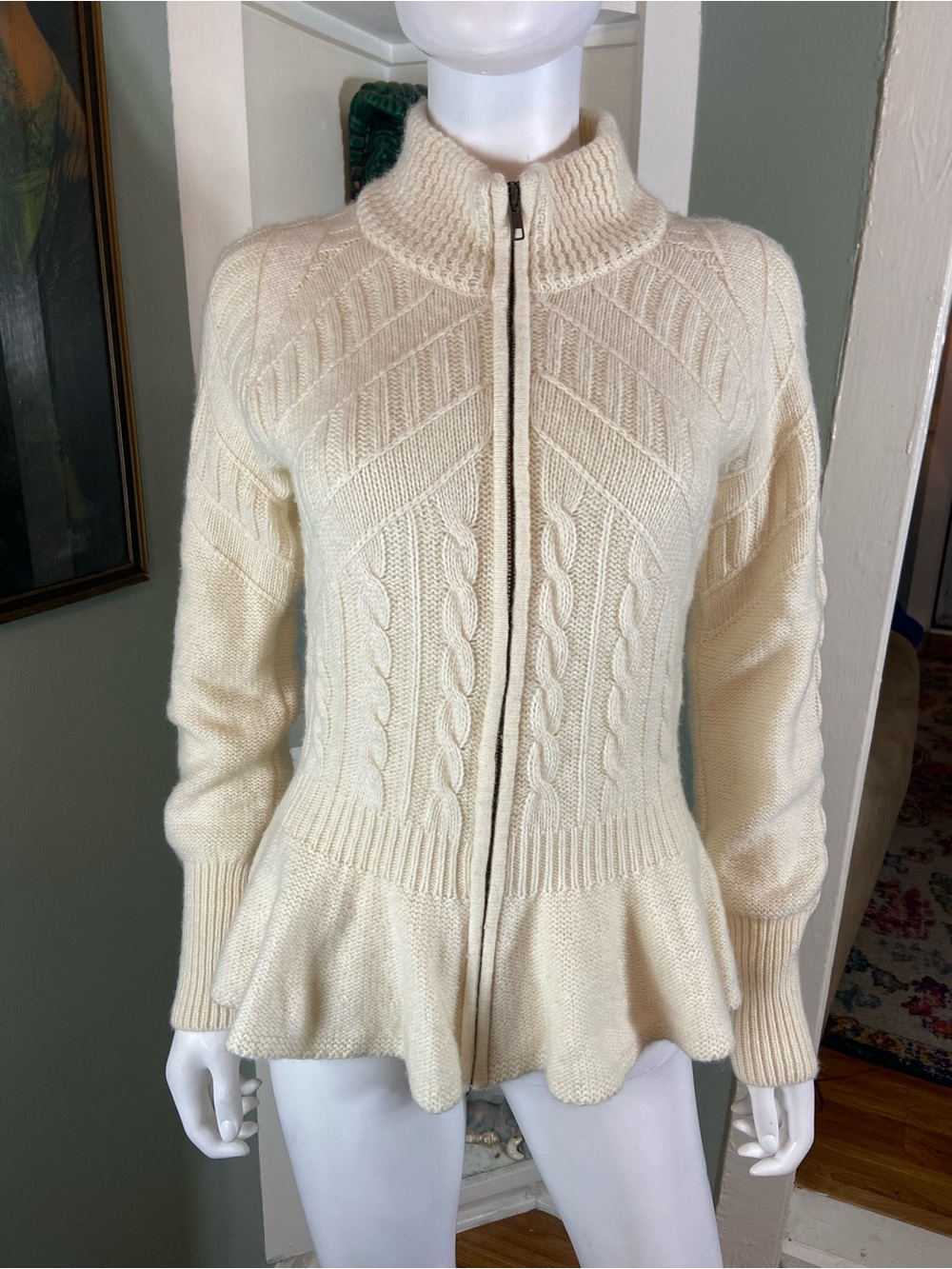 Antonio Melani Peplum Cream Cable-Knit Zip Sweater Cardigan Wool Cashmere Blend